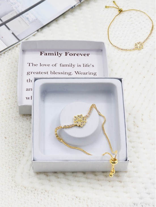 "Family Forever" Flower Heart Adjustable Rhinestone Stretch Bracelet with Gift Box